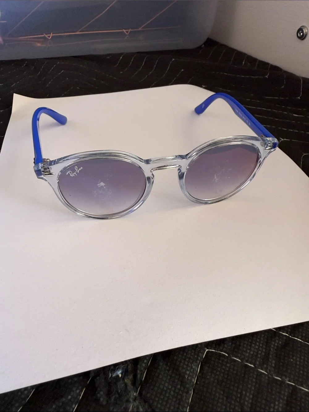 Ray-Ban Clear Frame Sunglasses with Blue Temples and Mirrored Lenses